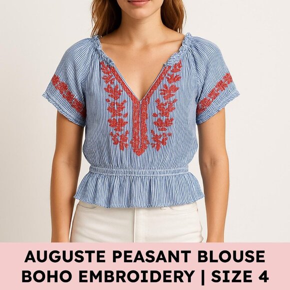 Auguste The Label Tops - Auguste Cotton Striped Embroidered Boho Peasant Blouse Festival Top Size Small